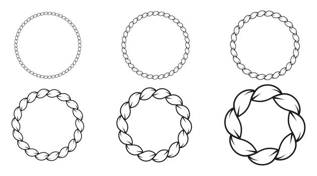 Set of round nautical rope frames in various thicknesses, ideal for creating borders and decorative elements. Collection includes braided rope circles and editable rope brushes. vector