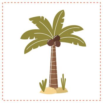 Cartoon palm tree illustration on a sandy beach, ideal for tropical palm tree with coconuts on a sandy beach setting in a minimalist design vector