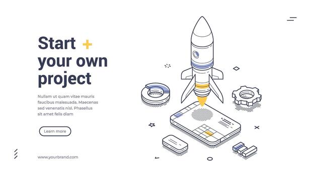 Start Your Own Business Project Rocket Launch Isometric Banner Illustration vector