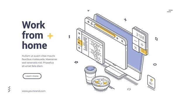 Work From Home Concept Isometric Banner Web Illustration vector