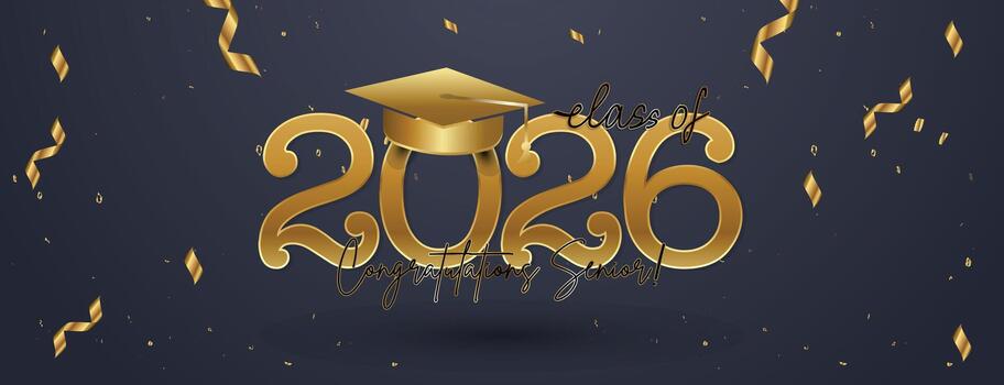 Elegant Gold Class of 2026 Graduation Banner with Floating Confetti Design vector