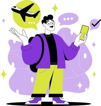 un persona interactúa con un ai asistente utilizando un teléfono inteligente a crear un viaje plan. un avión icono aparece arriba, indicando viaje planes el antecedentes caracteristicas sencillo formas vector