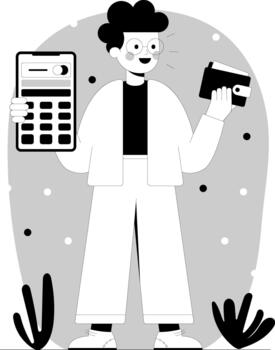 Character holds smartphone and calculator while organizing personal budget at home vector