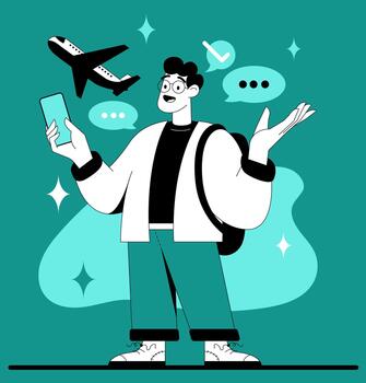 A person holds a smartphone while standing with a backpack. They are asking an AI assistant for a travel plan. An airplane icon floats above, showing their travel interest. vector