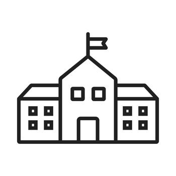 colegio edificio línea icono con bandera y ventanas vector