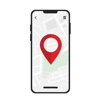 A smartphone screen displaying a digital map interface with a large red location pin marker centered on the map, minimalist flat design, white background. vector