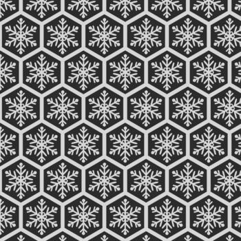Minimal seamless pattern featuring silver snowflakes on charcoal hexagonal tiles. Ideal for modern packaging, winter decor, wrapping paper and stylish seasonal projects. vector