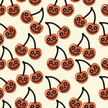 sin costura modelo presentando cerezas con Víspera de Todos los Santos cráneo caras en un ligero antecedentes vector