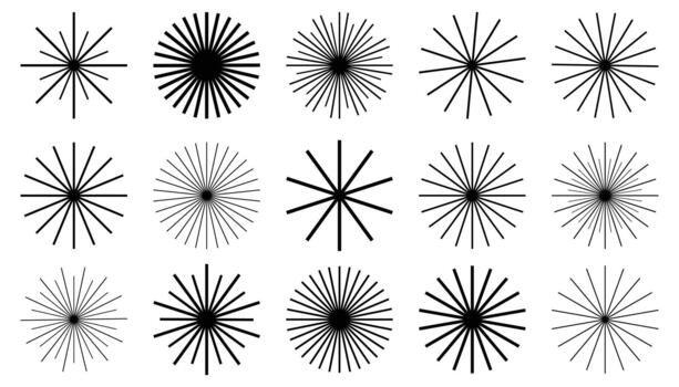 Set of radial circle lines forming geometric shapes. Circular radiating lines create sun and star rays symbols. Perfect for abstract design, backgrounds, decoration and modern graphic projects. vector