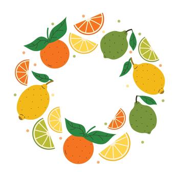 Decorative round border with citrus fruits, lemon, orange, lime, wedges and fresh green leaves with tiny dots. Flat cartoon design. vector