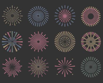 Set of twelve stylized sunburst and firework graphic elements vector