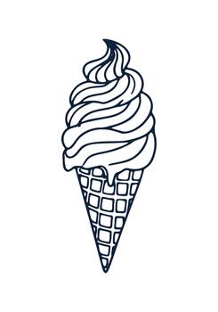 Hand drawn outline art shows melting ice cream in a cone. Line drawing graphic for Summer menu design and cool treats. vector