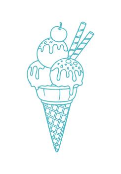An outline drawing showcases three scoops of ice cream in a cone, topped with drizzle, a cherry, and wafer sticks. vector