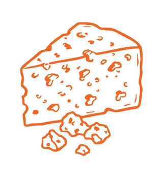 Hand drawn illustration of a cheese wedge with many holes and some crumbs around it. Simple line drawing graphic. vector