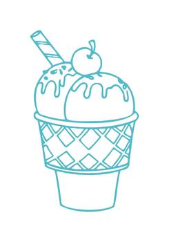 An outline style drawing shows an ice cream cone with two scoops, dripping sauce, a cherry, and a wafer stick. vector