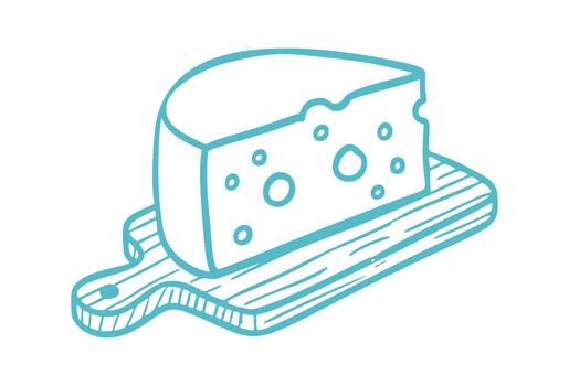 Hand drawn line art shows a block of cheese with holes on a wooden serving board. drawing style, icon. vector