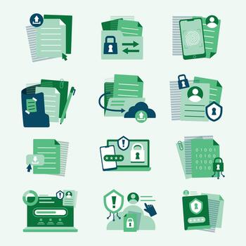 plano diseño íconos exhibiendo archivo subir, documento seguridad, contraseña proteccion, y datos intimidad en digital contexto vector