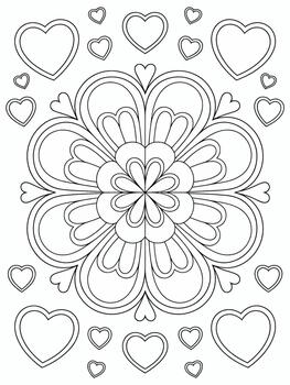 A black and white geometric pattern forms a symmetrical mandala, surrounded by various sizes of heart shapes. vector