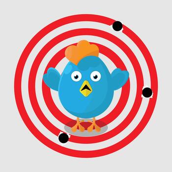 un dibujos animados azul pájaro con rojo pico y naranja plumas en pie en frente de un objetivo vector