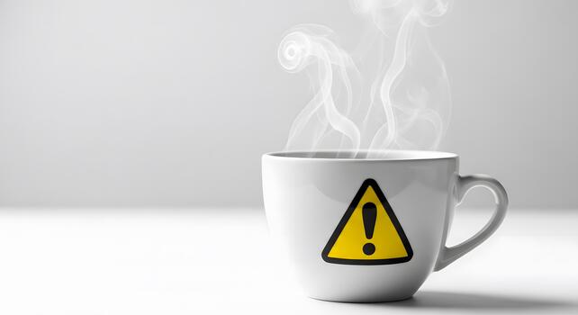 Steaming hot beverage in a minimalist white mug displaying a stark yellow warning triangle, symbolizing caution, a critical alert, or a potential issue, presented on a clean background photo