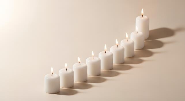 A row of lit white candles arranged in a diagonal line, casting shadows on a plain background photo