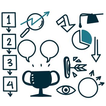 a set of icons that include a trophy, a speech bubble, and arrows vector