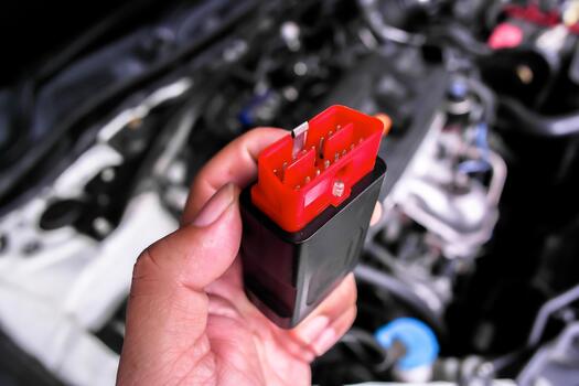 OBD2 diagnostic scanner connector held by hand, close-up of automotive diagnostic tool for reading engine codes, car maintenance and troubleshooting device in workshop photo