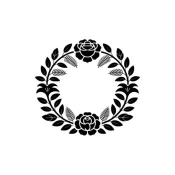 A circular floral wreath featuring two stylized roses at the top and bottom adorned with delicate leafy branches and fern elements vector