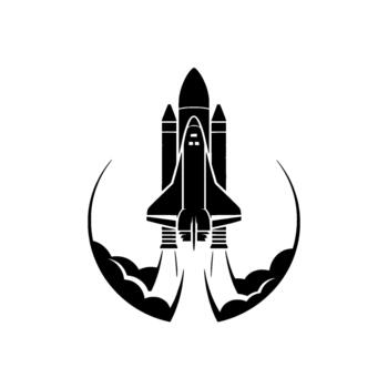 silhouette of a space shuttle launching with stylized clouds and exhaust flames creating a circular emblem isolated vector