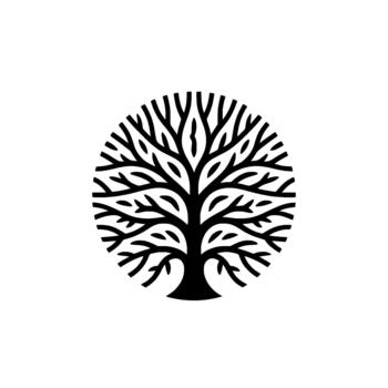 un rígido silueta de un estilizado árbol con extensión ramas contenido dentro un Perfecto circular marco aislado vector