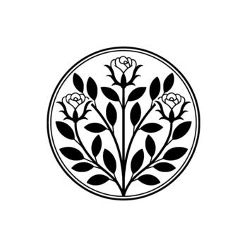 art featuring a symmetrical floral motif of three blooming roses with leaves enclosed within a circular frame isolated vector