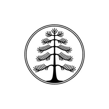 A stark silhouette of a stylized evergreen tree with layered branches enclosed within a double circular border presented vector