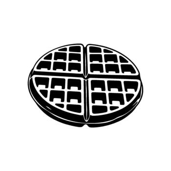 A simple silhouette of a round waffle divided into four symmetrical quadrants featuring a classic grid pattern isolated vector