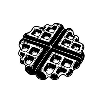 A minimalist ink drawing of a round waffle with deep square indentations and glossy melted syrup dripping over its edges isolated vector