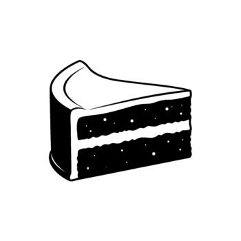 A simple line art illustration of a single slice of layered chocolate cake with frosting isolated vector