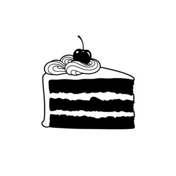 A simple illustration of a slice of layered chocolate cake topped with swirled frosting and a single red cherry vector