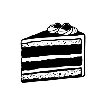A detailed illustration of a decadent slice of chocolate cake with three layers of dark chocolate frosting and vanilla cream filling topped with swirling frosting and two dark cherries vector