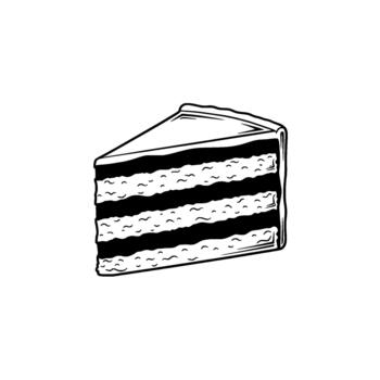 A stylized line art drawing of a single triangular slice of layered cake with dark frosting and wavy cream filling isolated vector