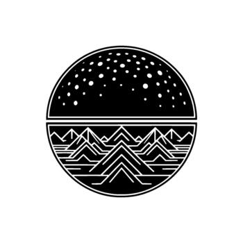 Minimalist geometric abstract illustration of a stylized mountain range beneath a starry night sky contained within a circular outline vector