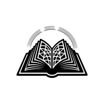 Stylized open book with geometric page patterns and concentric arcs above representing knowledge or enlightenment vector