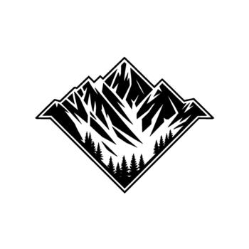Stark geometric mountain range with stylized pine trees nestled at the base enclosed within a bold diamond outline vector