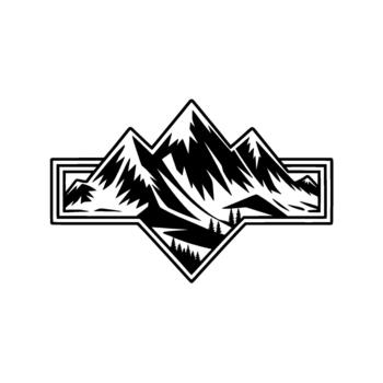 A stylized geometric featuring a sharp jagged mountain range with pine trees at its base framed within a unique diamond and rectangular border vector
