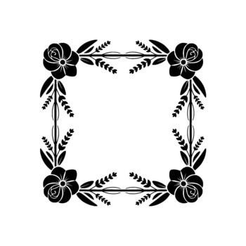 Elegant silhouette of a square floral frame composed of stylized roses and leafy branches arranged in a symmetrical pattern vector