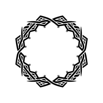 A striking abstract geometric circular emblem resembling a thorny crown or a stylized tribal motif with sharp edges and intricate interlocking patterns isolated vector