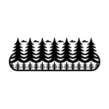 A minimalist illustration featuring a stylized row of coniferous trees with small mountain peaks above vector