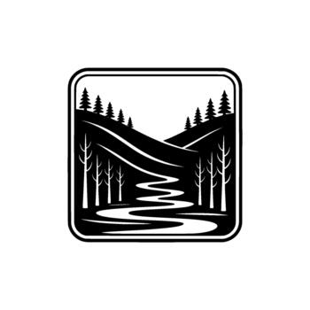 Stylized emblem depicting a winding river flowing through a forest with pine trees and bare deciduous trees vector
