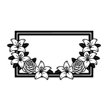 Elegant silhouette frame adorned with stylized lilies and roses for decorative invitations and projects vector