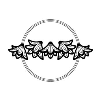 Elegant ink outline of a row of five bell shaped flowers with dew drops inside a double ring circular frame vector