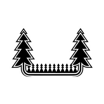 Stylized silhouette of two symmetrical evergreen trees framing a horizontal line of smaller fir trees vector