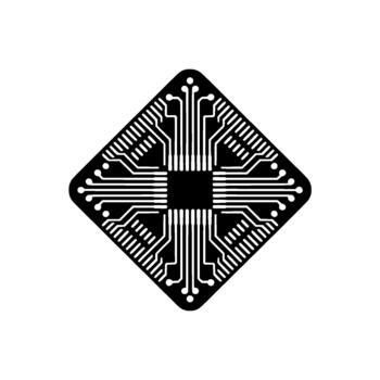 A stylized minimalist depicting a central processor unit with radiating circuit board traces within a rounded square shape isolated vector
